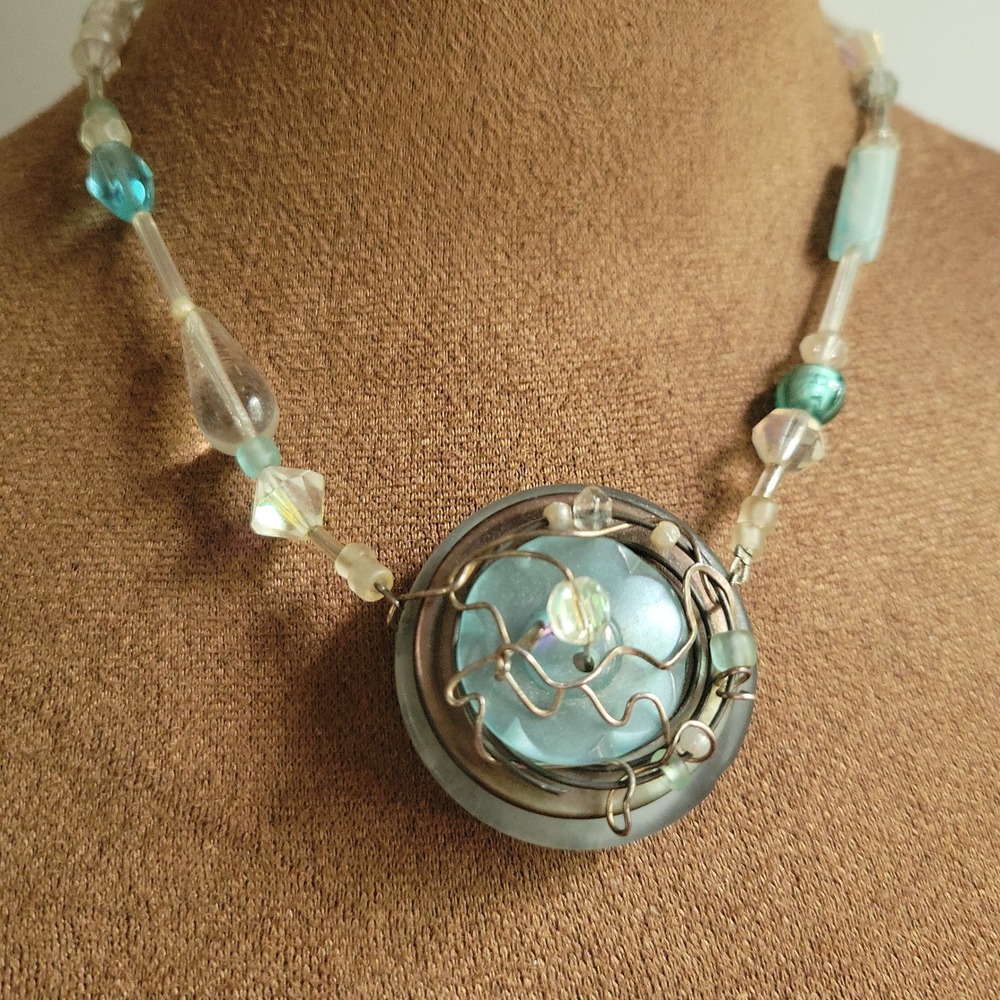 Victoria Tane Blue Glass Wire Wrapped Button Pendant Necklace 17" Whimsigoth